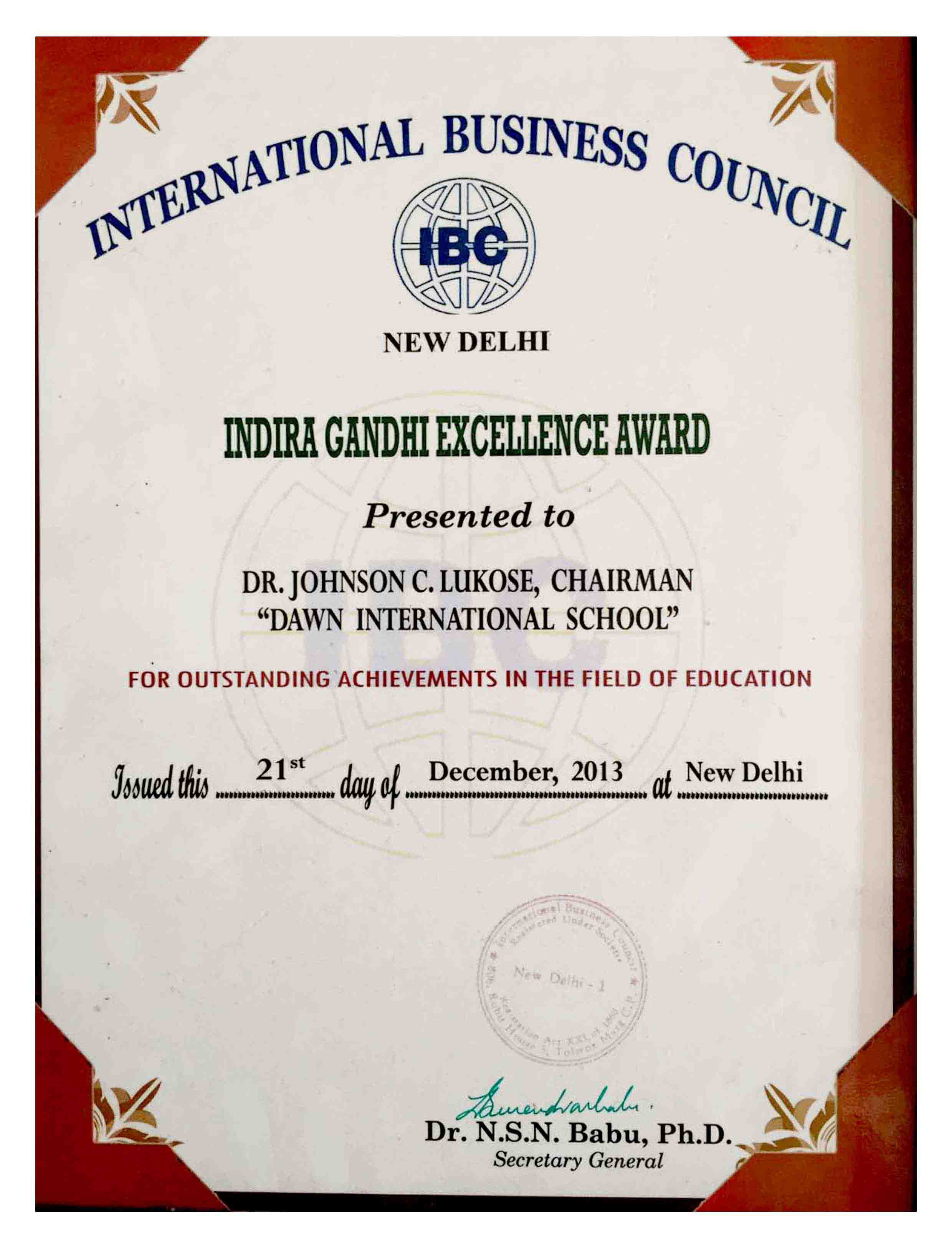 INTERNATIONAL BUSINESS COUNCIL INDIRA GANDHI EXCELLENCE AWARD